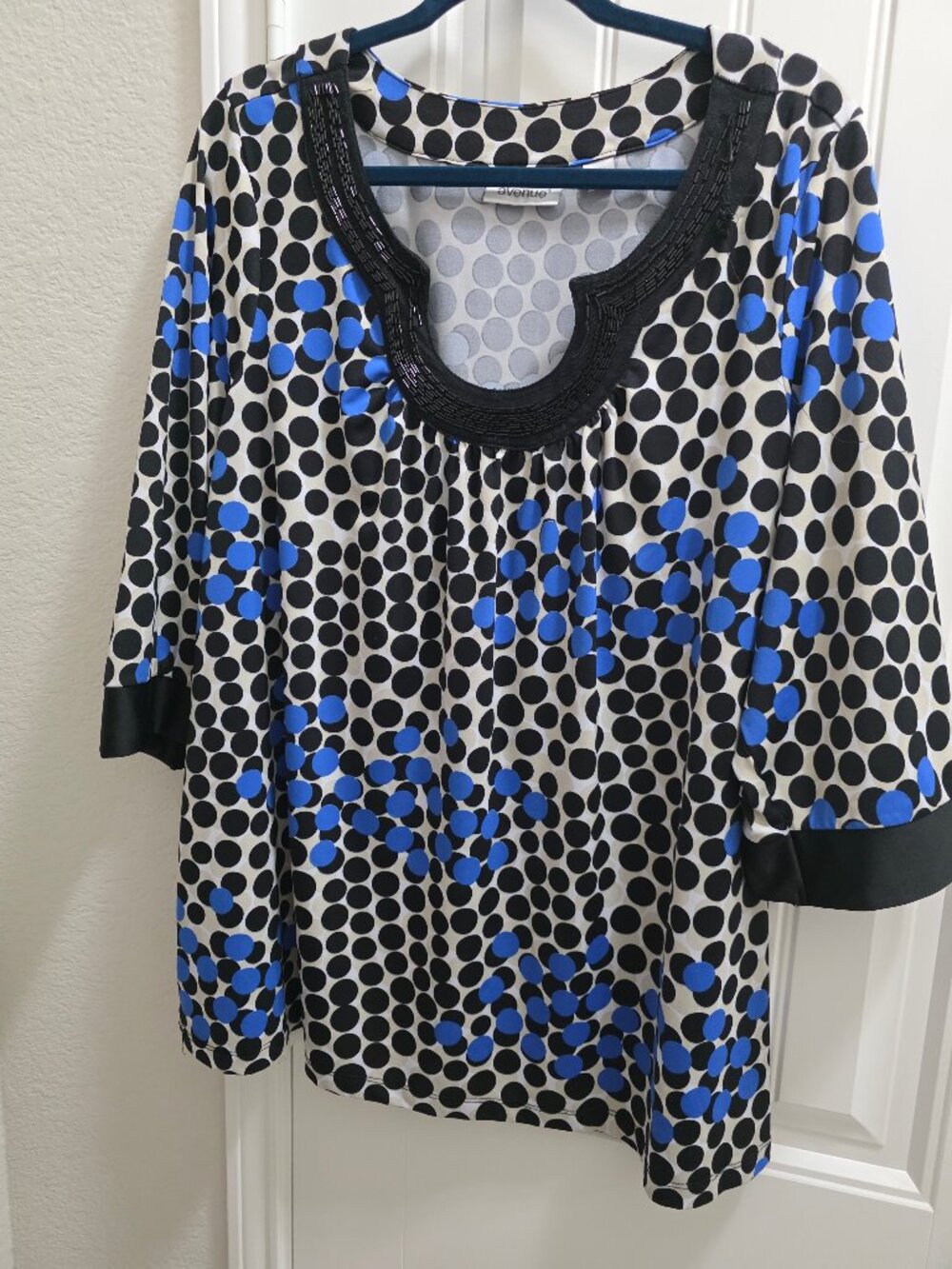 Avenue 18/20 Polka Dot Beaded Neck Top Blue Black Ivory Plus Size